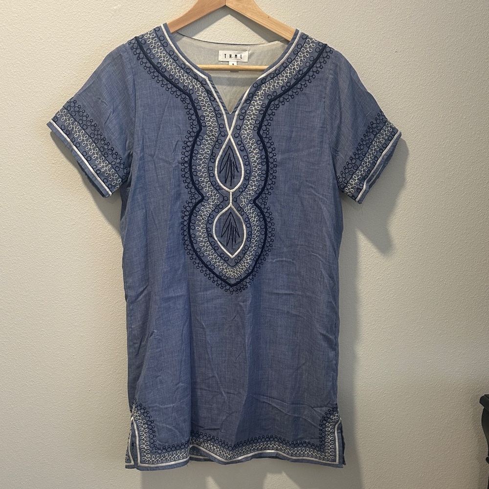 THML Blue Embroidered V-Neck Tunic